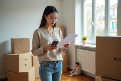 Jeune maman avec documents dans un appartement en d&eacute;m&eacute;nagement