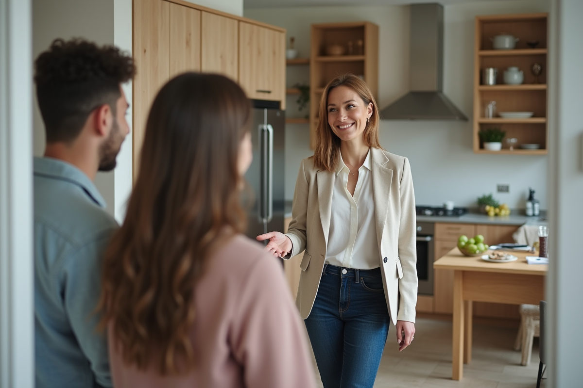Femme propriétaire montrant une cuisine à un jeune couple