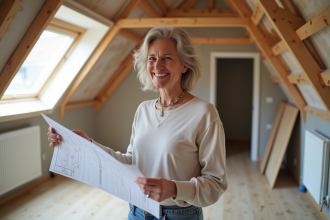 Femme française souriante dans un grenier rénové