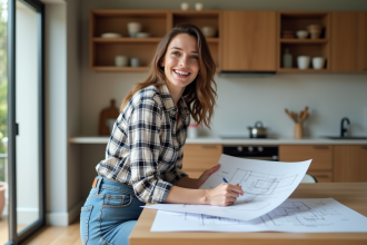 Femme souriante examinant plans de renovation dans sa cuisine