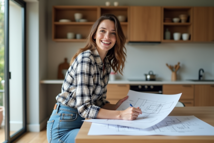 Femme souriante examinant plans de renovation dans sa cuisine