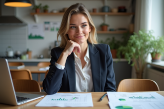 Jeune femme examine documents de prêt rénovation à la maison