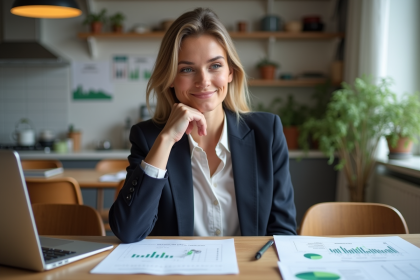 Jeune femme examine documents de pr&ecirc;t r&eacute;novation &agrave; la maison