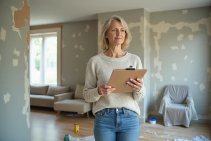 Femme pr&eacute;occup&eacute;e dans une salle en r&eacute;novation