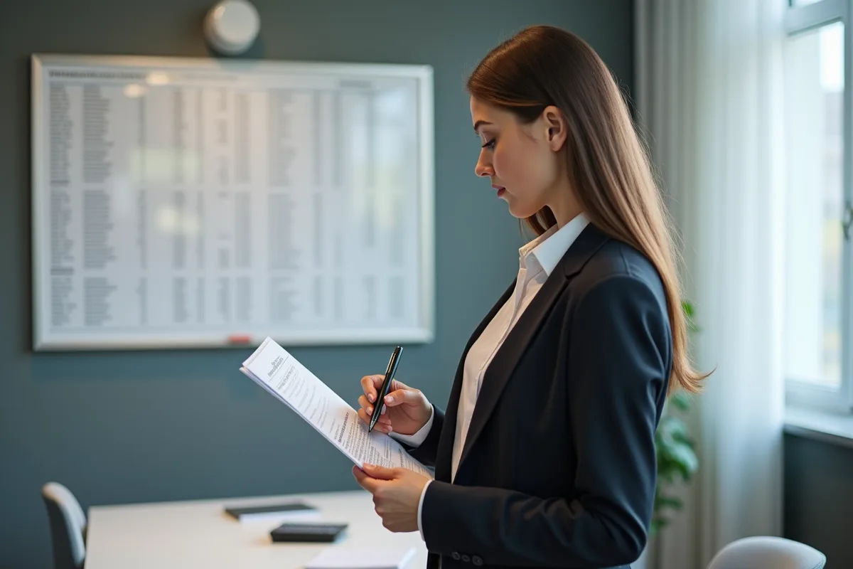 Femme en bureau examinant un rapport financier