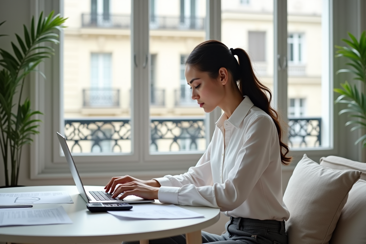 Jeune femme travaille sur son ordinateur dans un appartement parisien lumineux