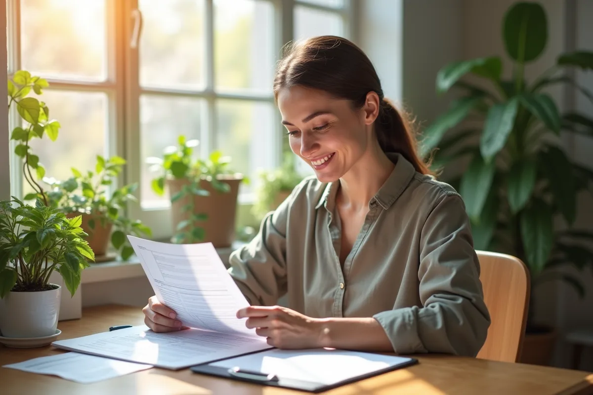 Femme souriante examinant des formulaires de location dans un bureau ensoleille