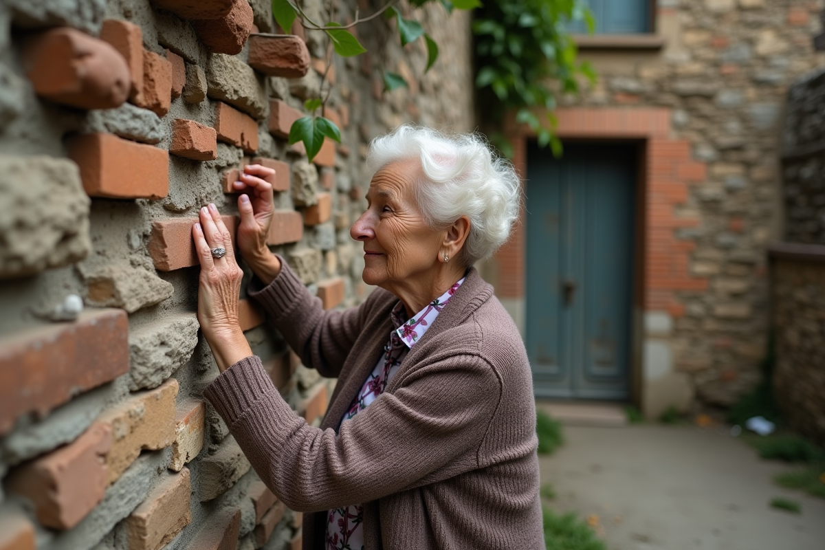 Femme âgée touchant une fissure sur la façade d