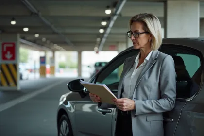 Femme d'affaires devant une voiture dans un parking parisien