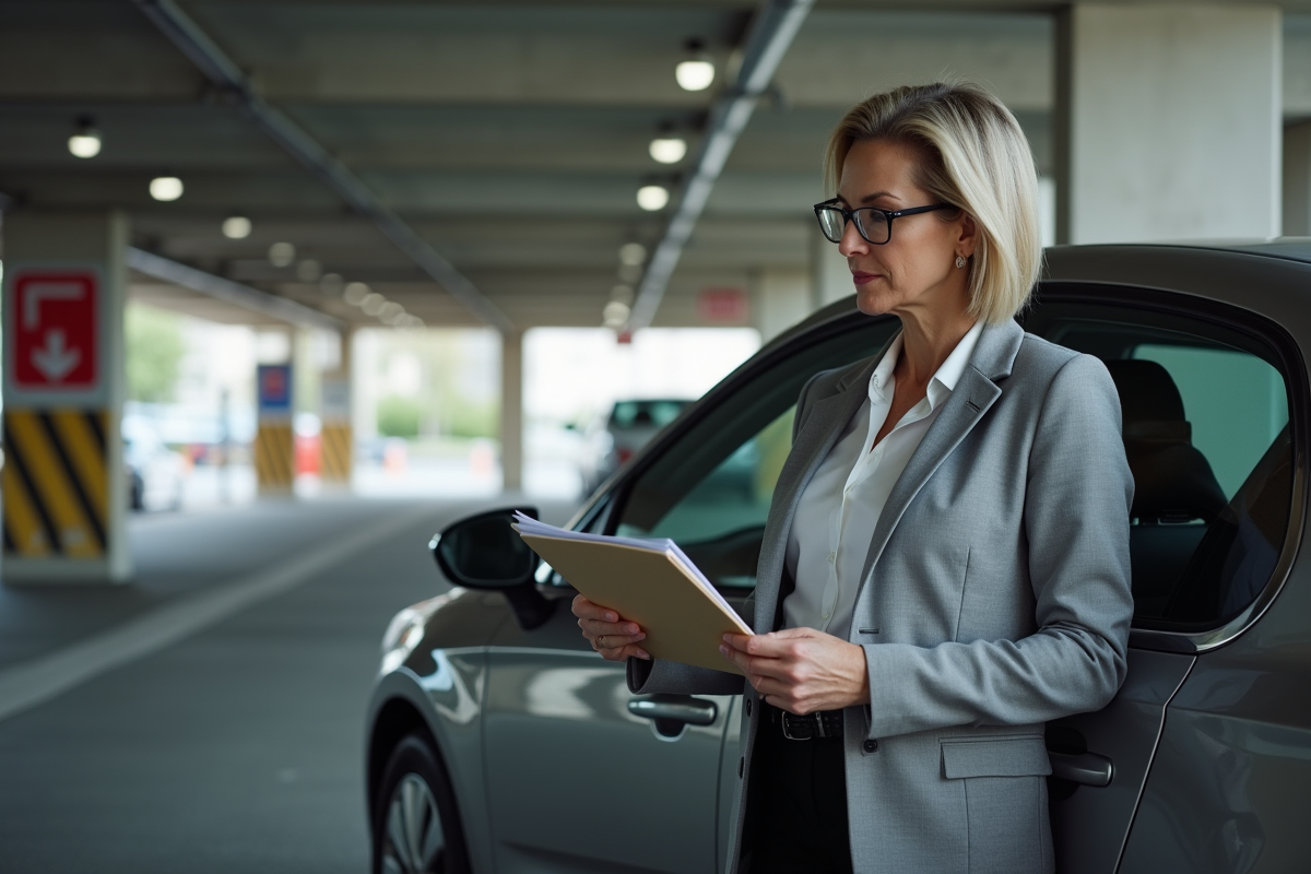 Femme d'affaires devant une voiture dans un parking parisien