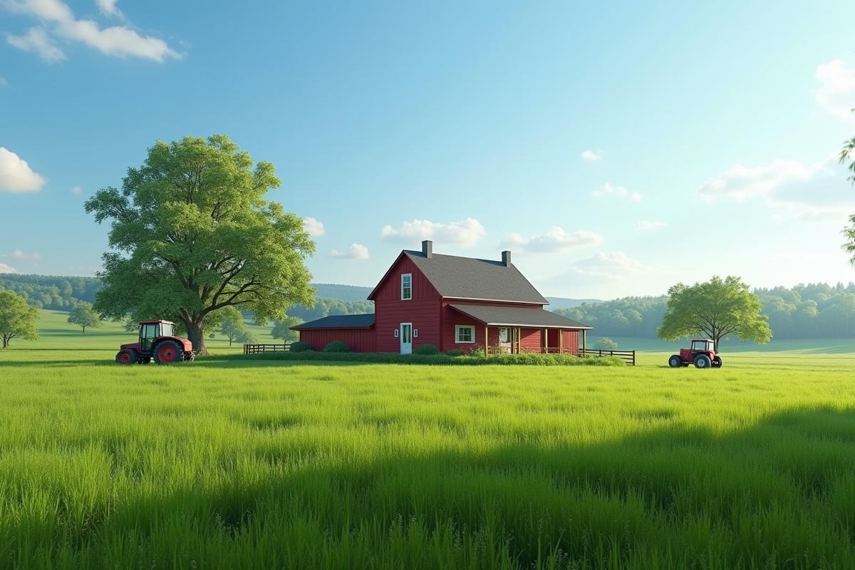 Ferme américaine traditionnelle avec grange rouge et champs verts