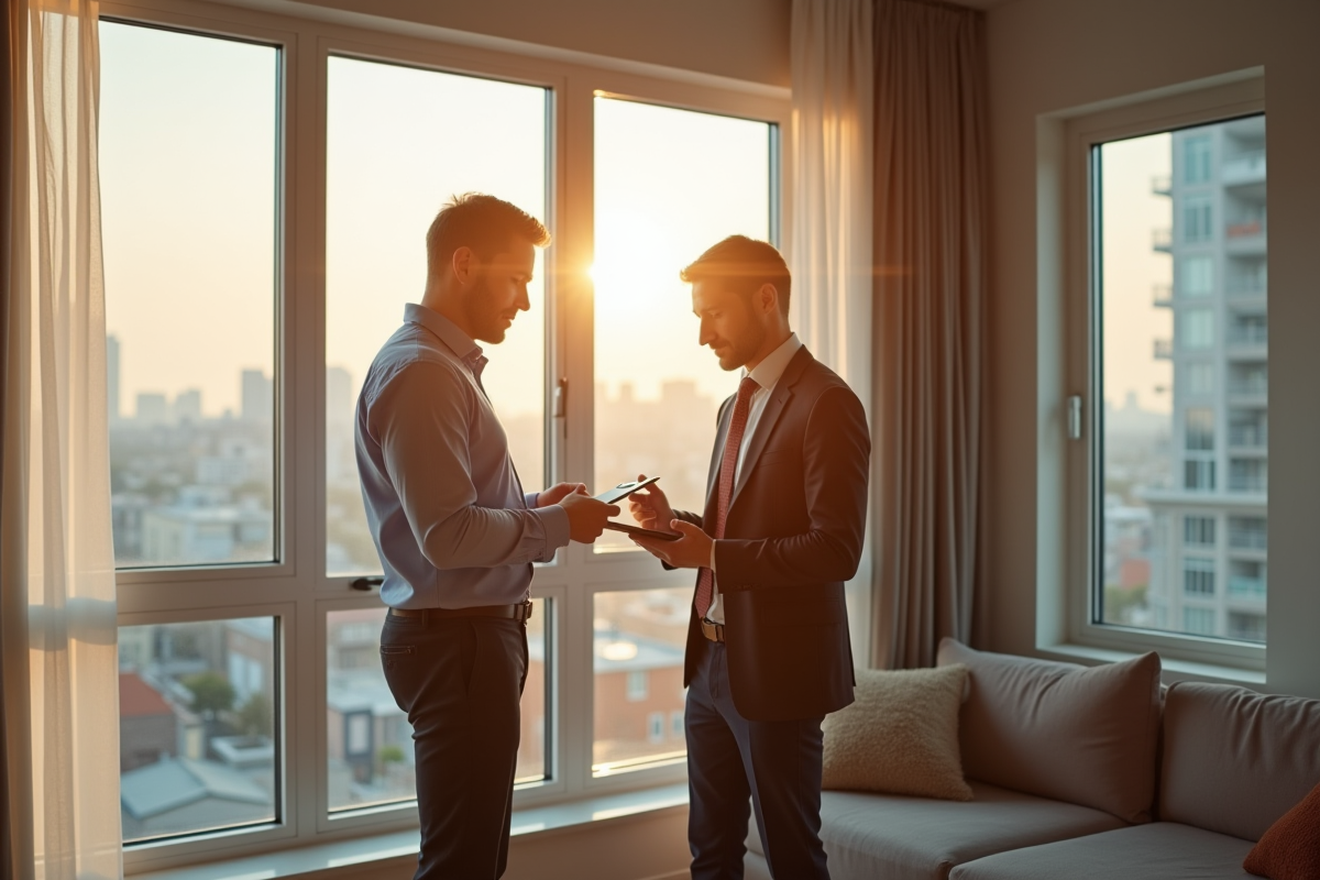 Gestionnaire immobilier et locataire dans un appartement lumineux