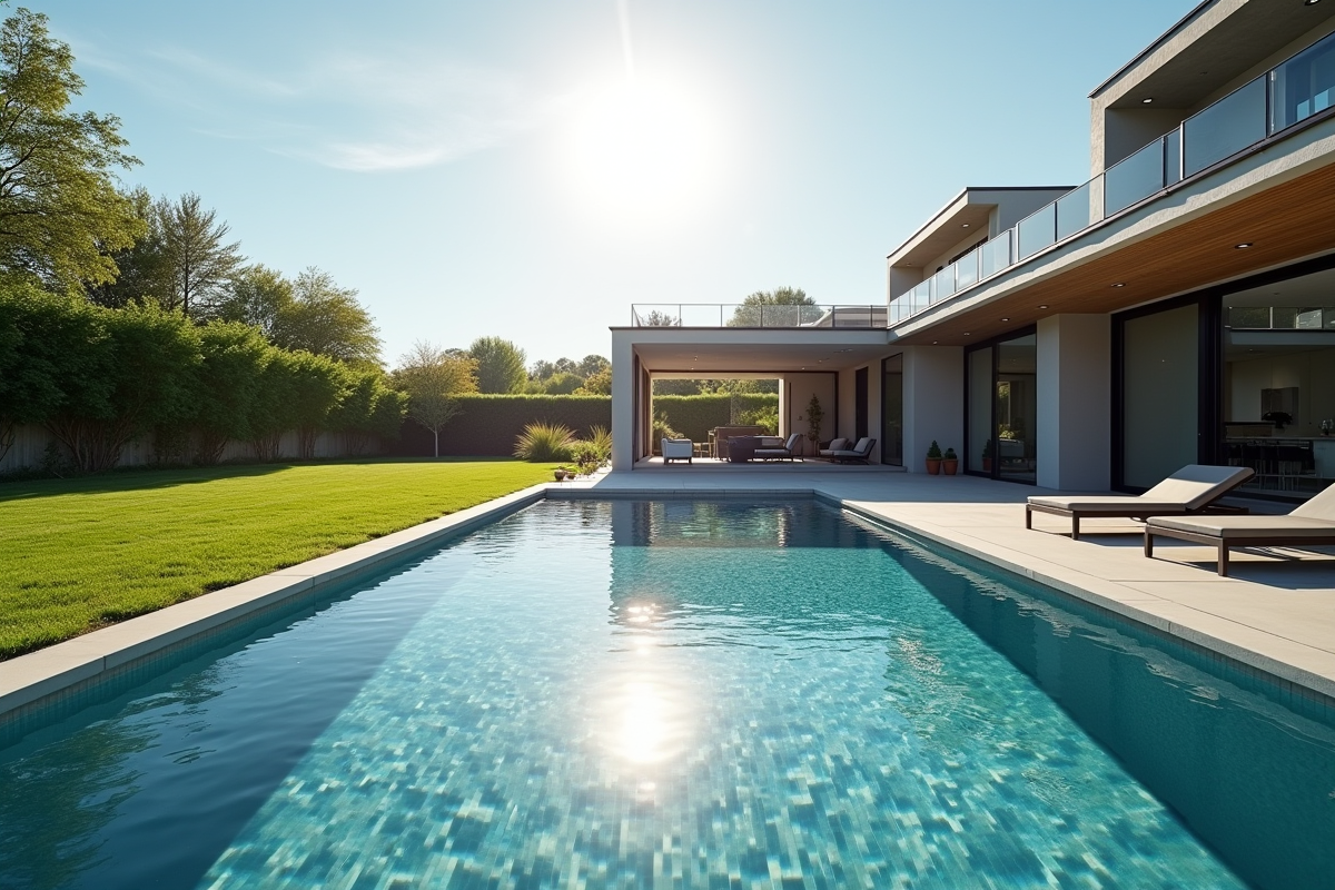 Piscine rectangulaire dans un grand jardin ensoleille