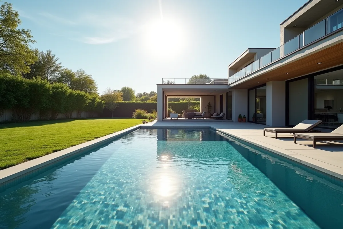Piscine rectangulaire dans un grand jardin ensoleille