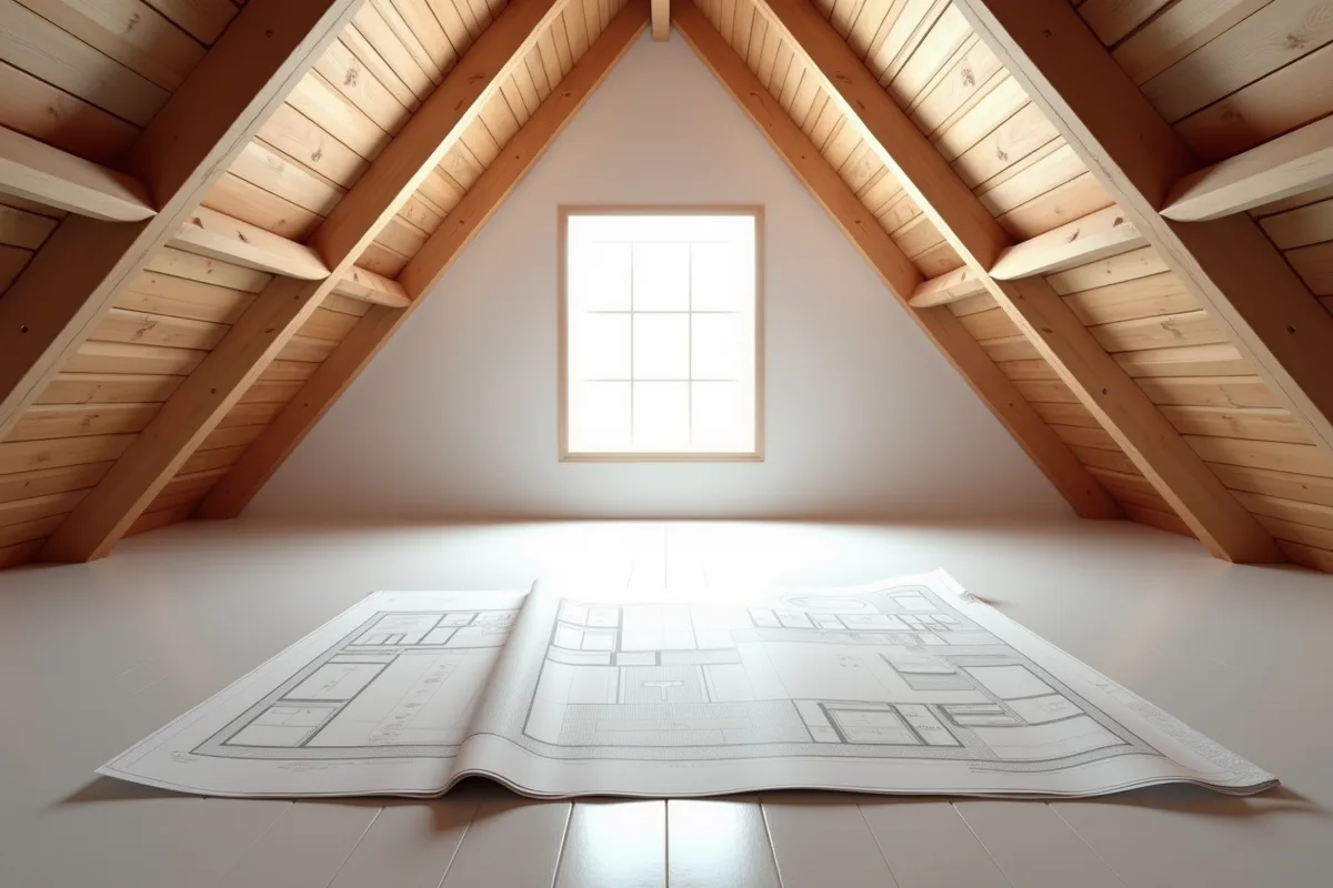 Grenier spacieux avec poutres en bois et plans de renovation
