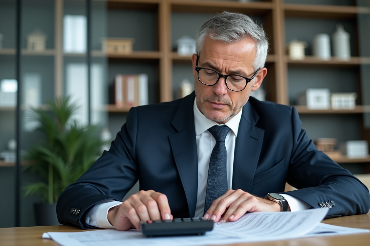 Homme d'affaires en costume examine des documents