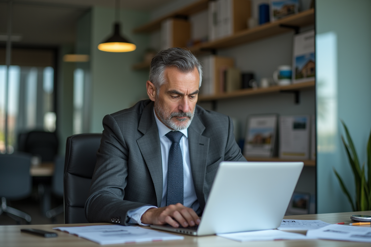 Homme d'affaires en costume regardant un site immobilier