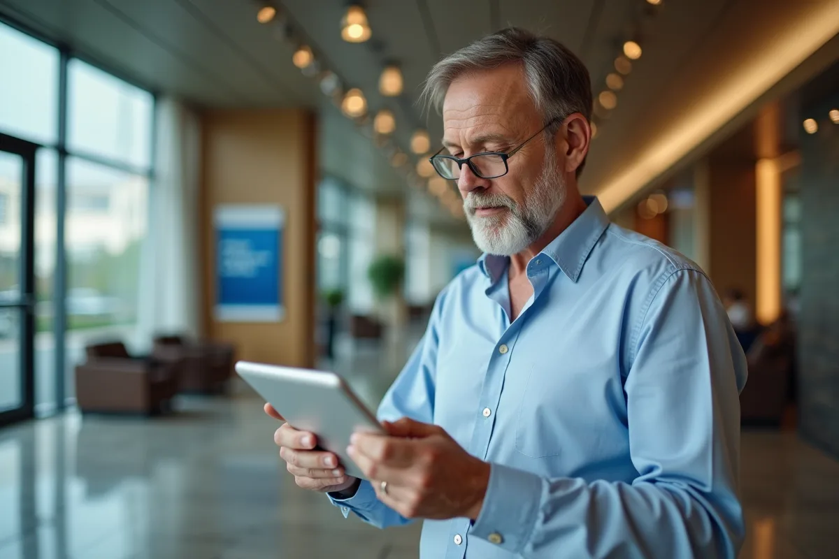 Homme consulte une tablette dans une banque pour un prêt immobilier