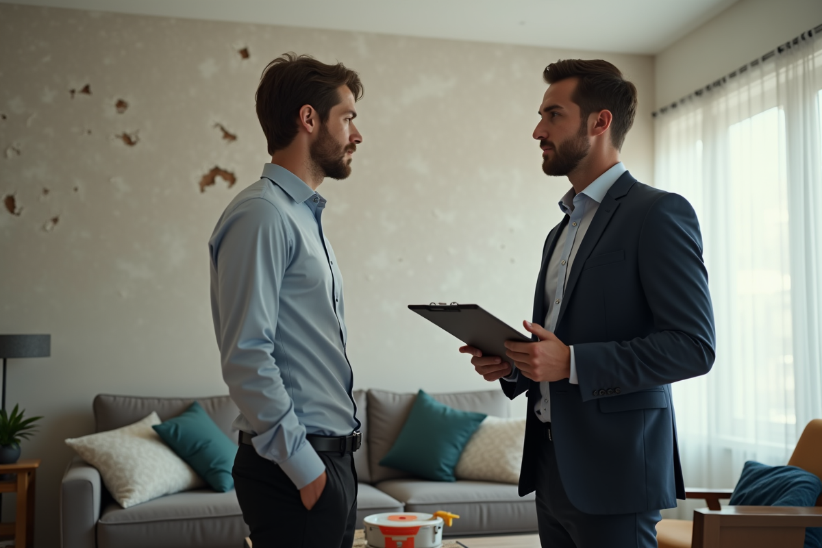 Jeune homme discutant avec un expert en assurance dans un salon endommagé