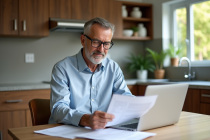 Homme d'âge moyen lisant des papiers de prêt hypothécaire à la maison