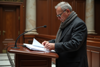 Homme d'âge moyen lisant des papiers dans un tribunal