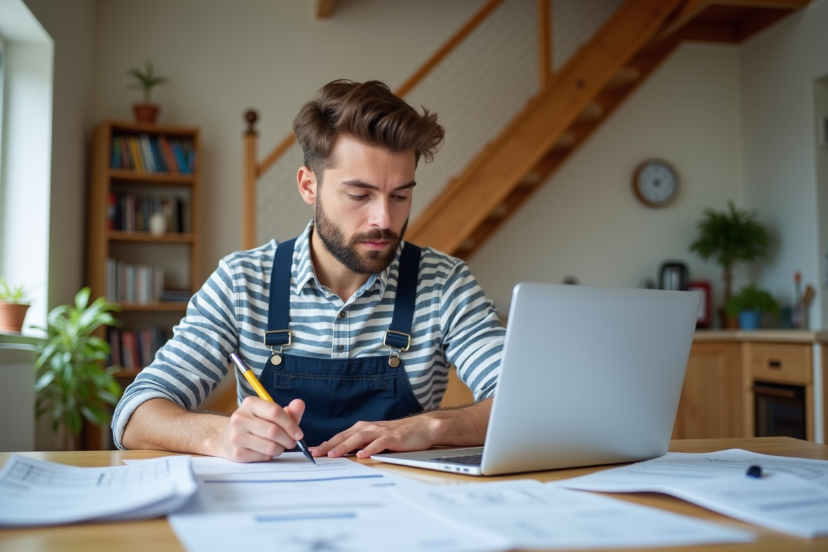 Jeune homme en overalls travaillant à la table