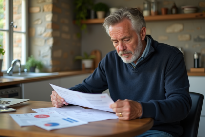 Homme d'âge moyen examine documents Airbnb dans un appartement moderne