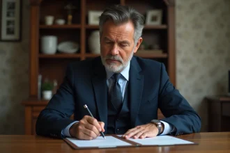 Homme d'âge moyen en costume navy signe un document