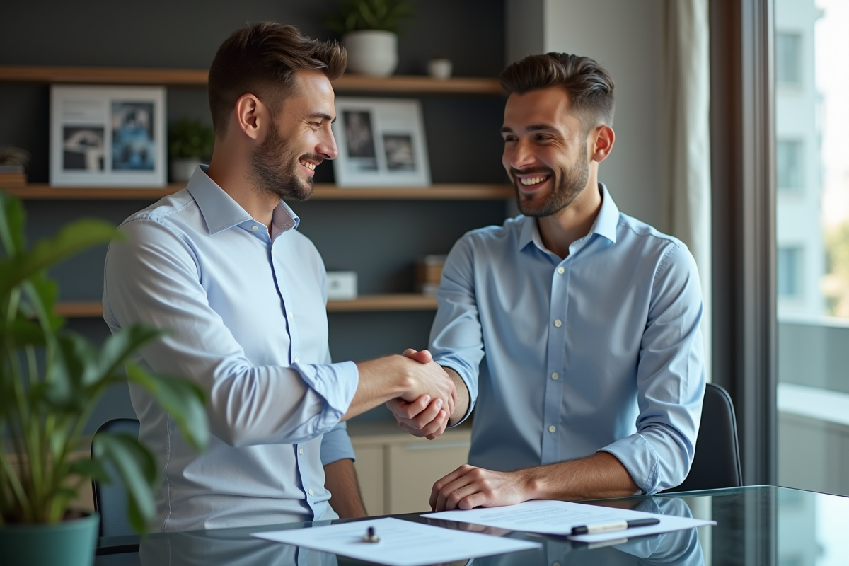 Jeune homme et agent immobilier échangeant un contrat et des clés