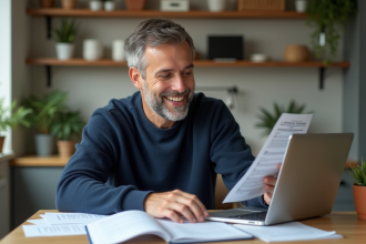 Homme souriant en télétravail dans une cuisine moderne