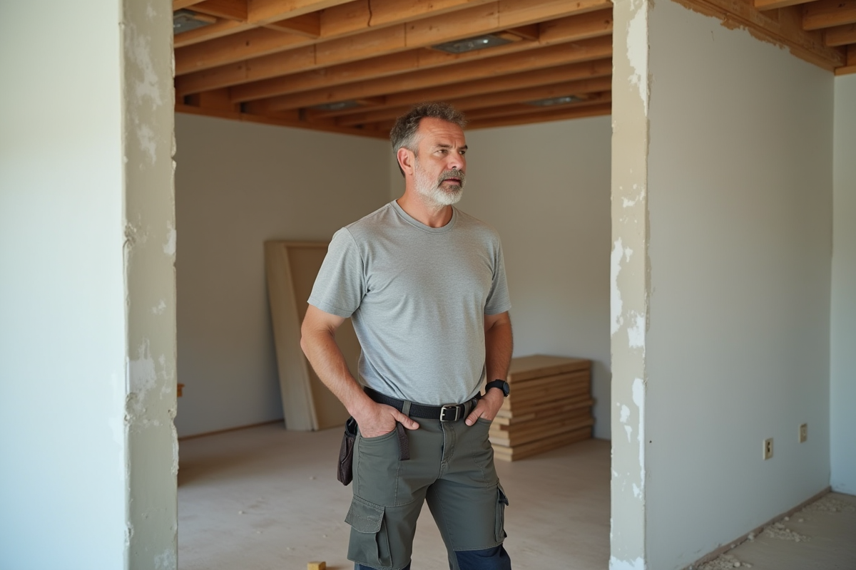 Homme évaluant un salon en travaux avec matériaux de construction