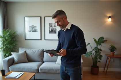 Homme d'âge moyen vérifiant une checklist dans un salon moderne