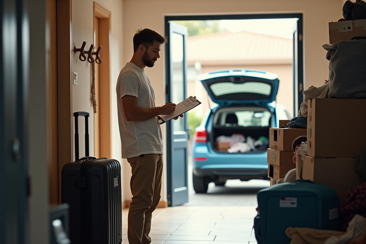 Jeune homme vérifiant une liste de déménagement près de valises
