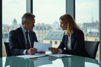 Couple d'affaires discutant de documents de prêt immobilier