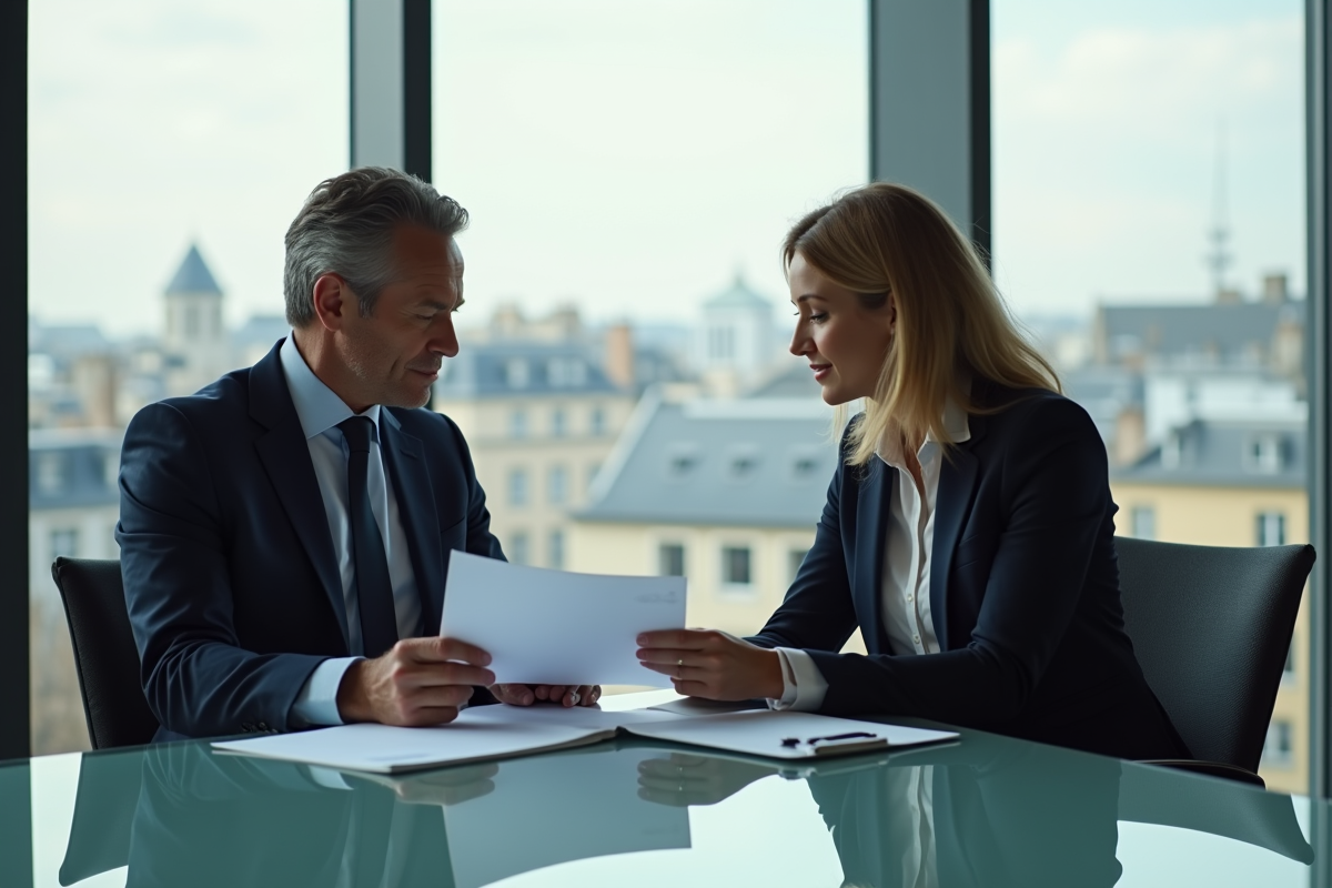 Couple d'affaires discutant de documents de prêt immobilier