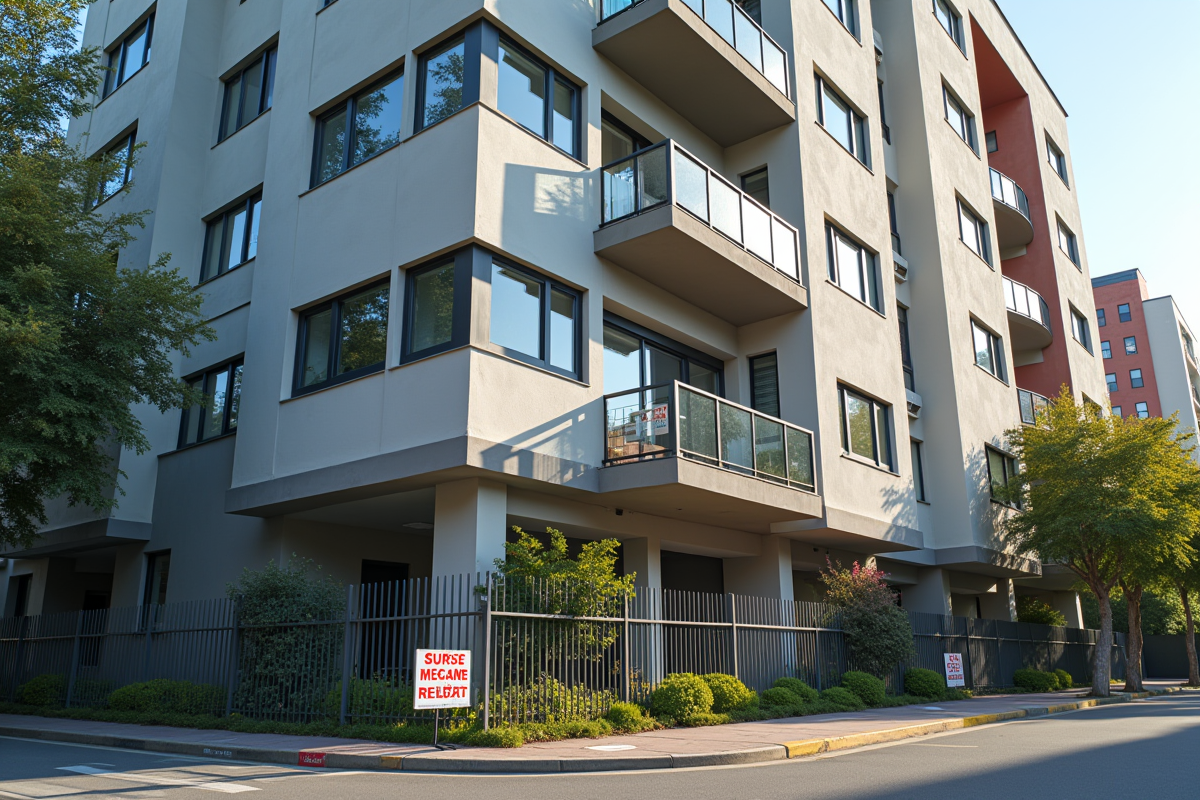 Façade d un immeuble avec panneaux a vendre et a louer en journée