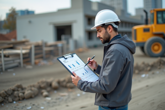 Jeune ingénieur en chantier examine un graphique CO2