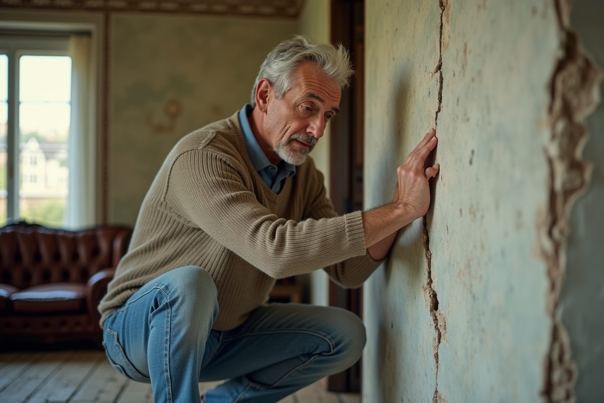 Homme inspectant une fissure dans un mur ancien intérieur