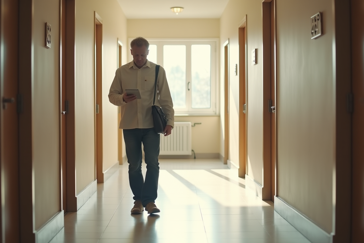 Agent immobilier inspectant un couloir lumineux avec tablette