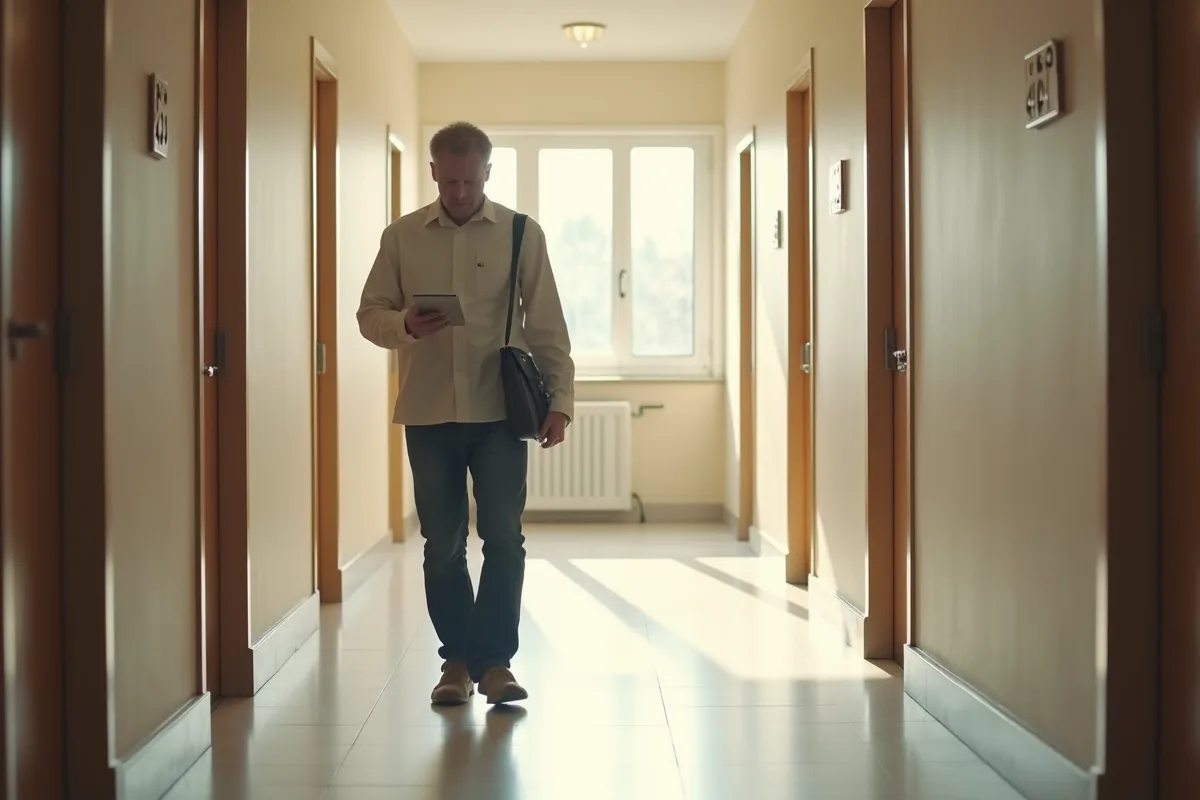 Agent immobilier inspectant un couloir lumineux avec tablette