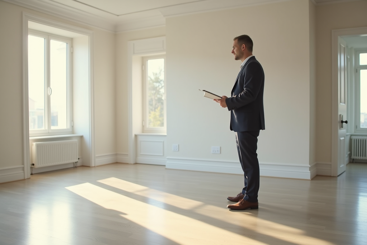 Agent immobilier inspecte un salon propre avec un clipboard