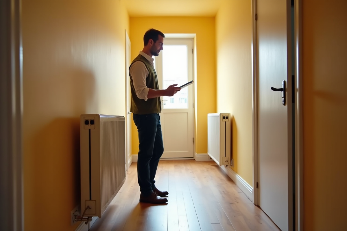 Propriétaire inspectant des radiateurs dans un couloir d appartement propre