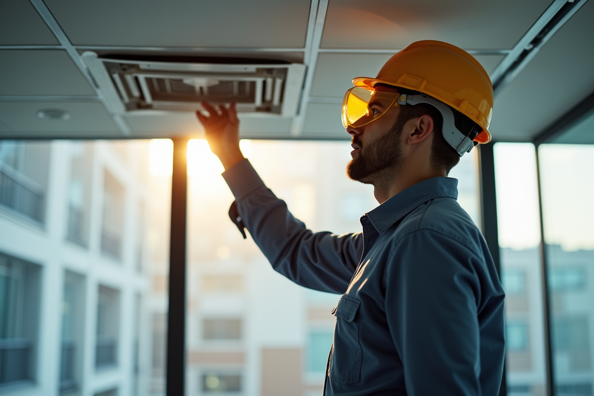 Inspecteur en protection inspectant un plafond dans un bureau moderne