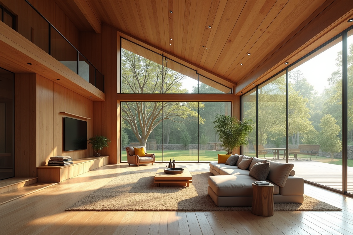 Intérieur spacieux d'un lodge moderne en bois avec grande pièce de vie lumineuse