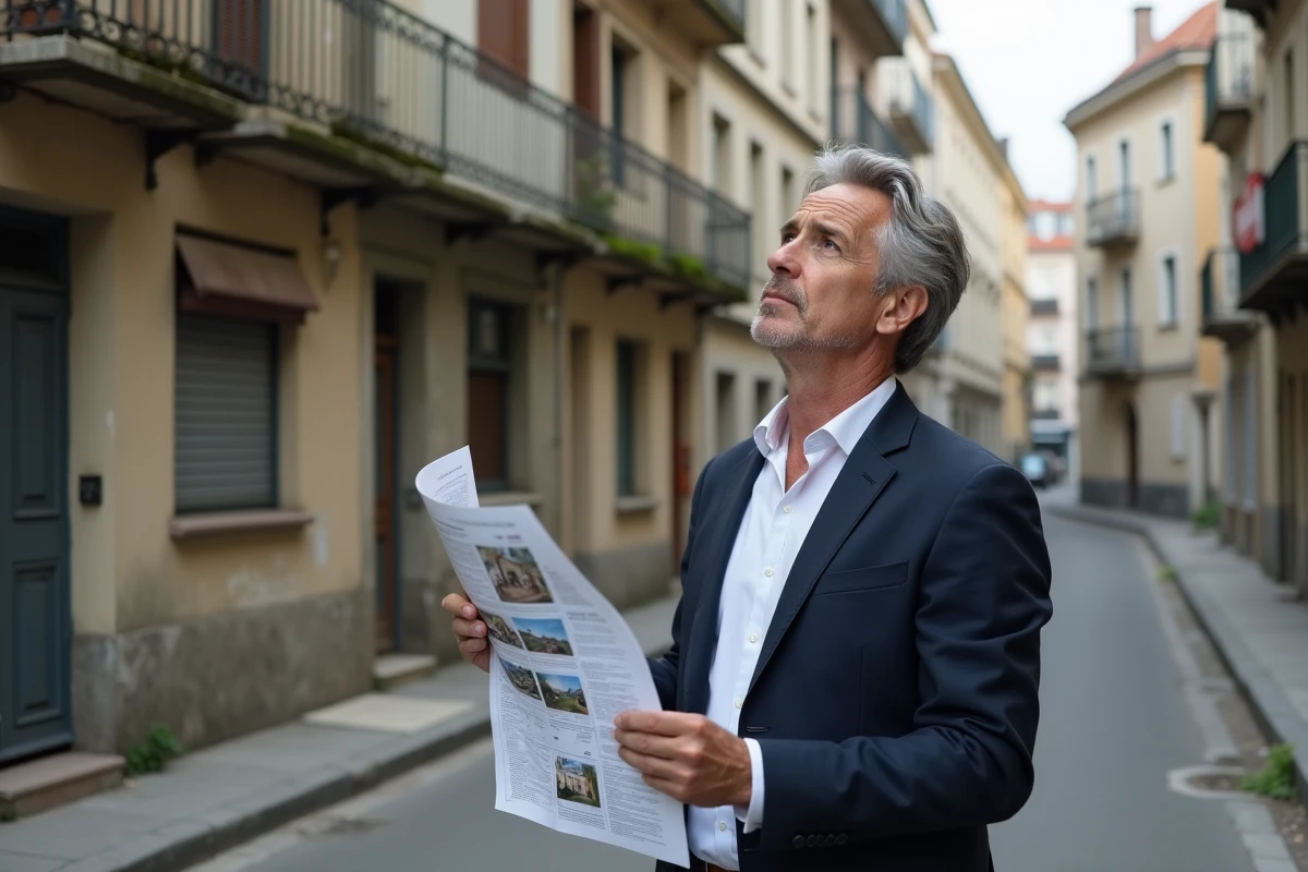 Investisseur immobilier analysant un immeuble vétuste dans un quartier risqué de Nice, document de prospection à la main