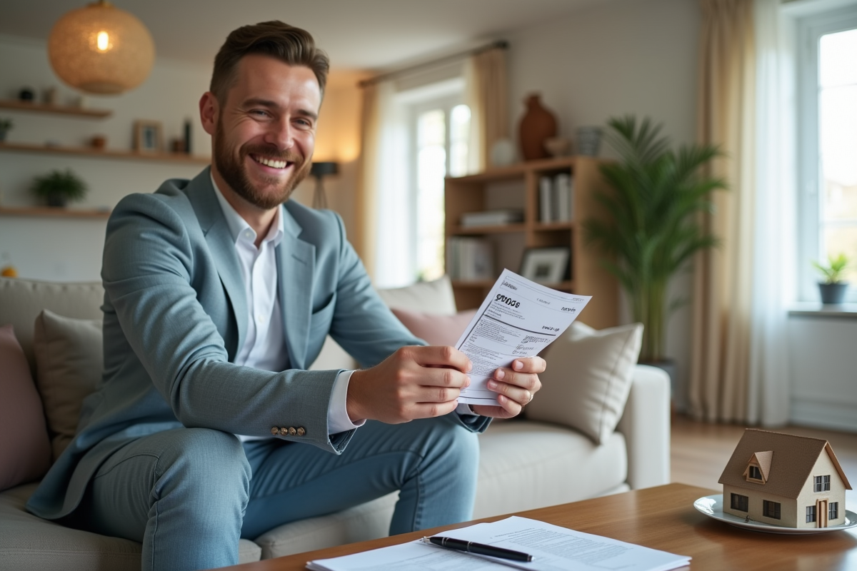 Investisseur immobilier souriant recevant des revenus locatifs dans un salon lumineux