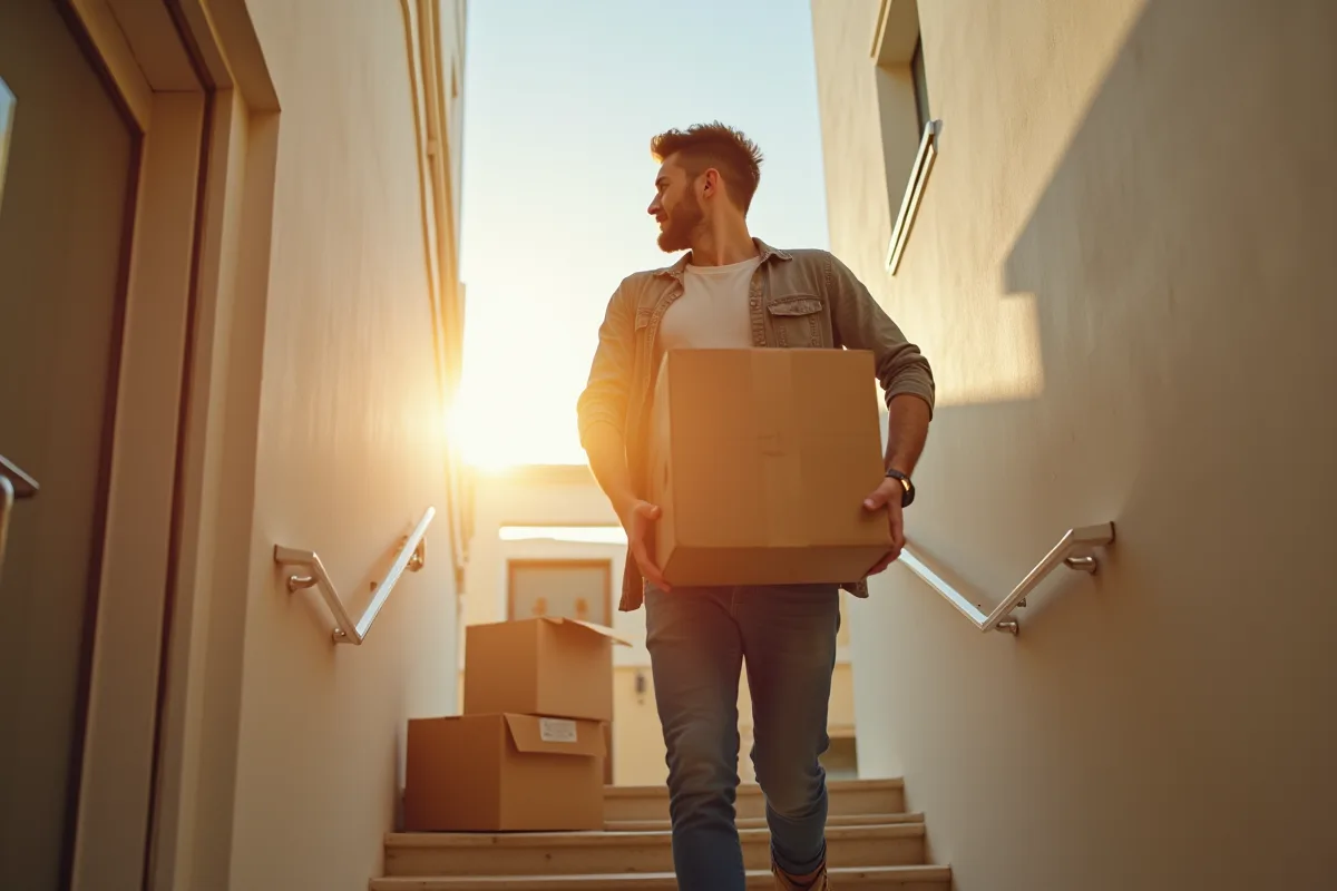 Jeune adulte portant une caisse dans un immeuble lumineux