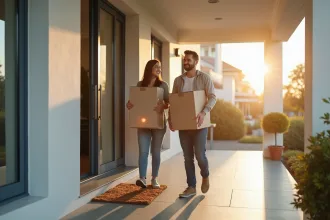 Jeune couple souriant avec cartons devant maison lumineuse