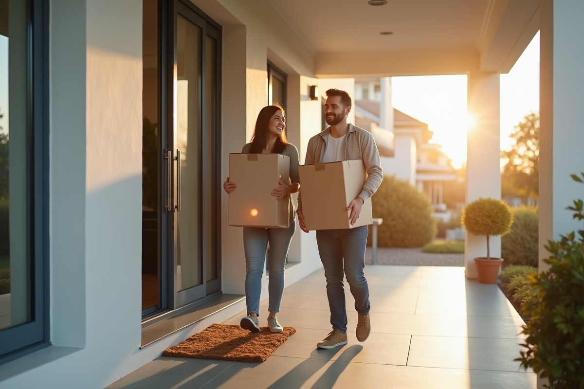 Jeune couple souriant avec cartons devant maison lumineuse