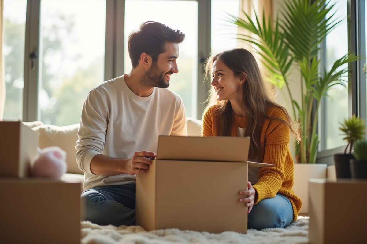Jeune couple souriant dans leur salon lumineux en déballant des cartons